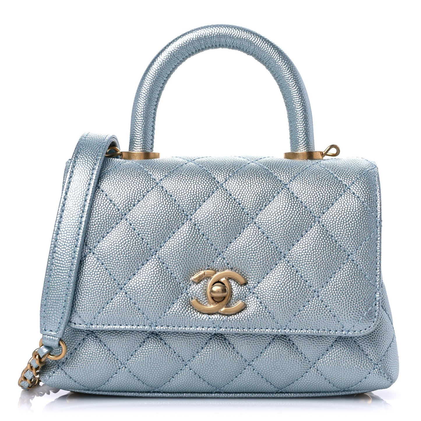 Metallic Caviar Quilted Extra Mini Coco Handle Flap Light Blue
