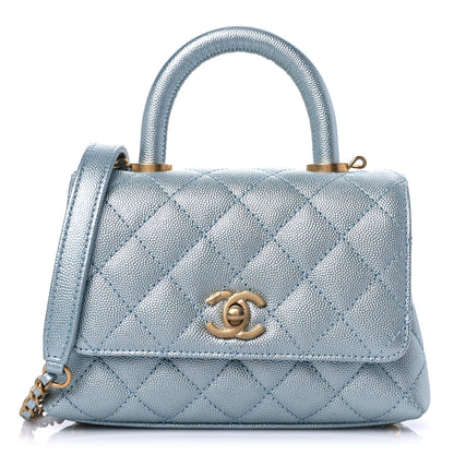 Chanel Metallic Caviar Quilted Extra Mini Coco Handle Flap Light Blue 1 of 12