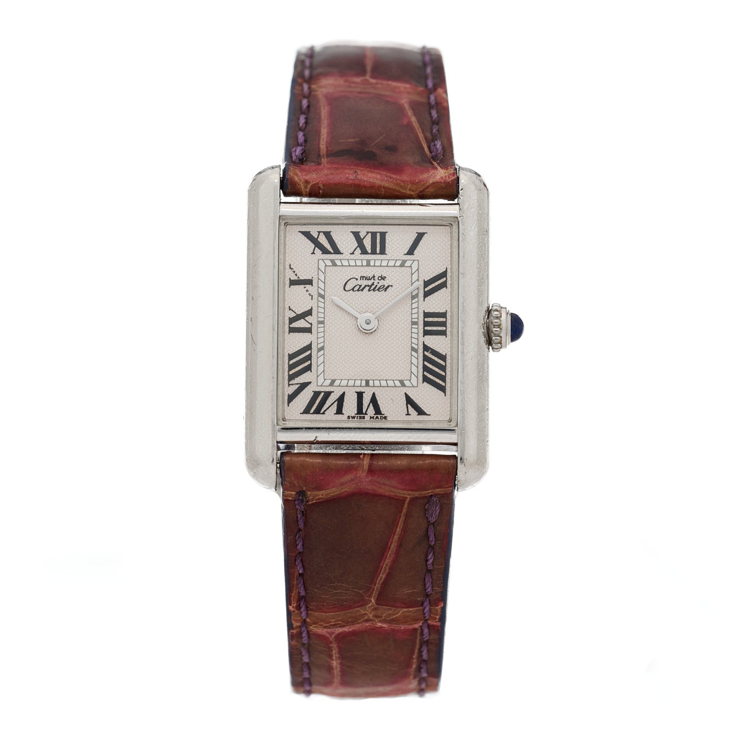 Cartier Sterling Silver Vermeil Alligator 23mm Must de Cartier Tank Quartz Watch Burgundy 1 of 4