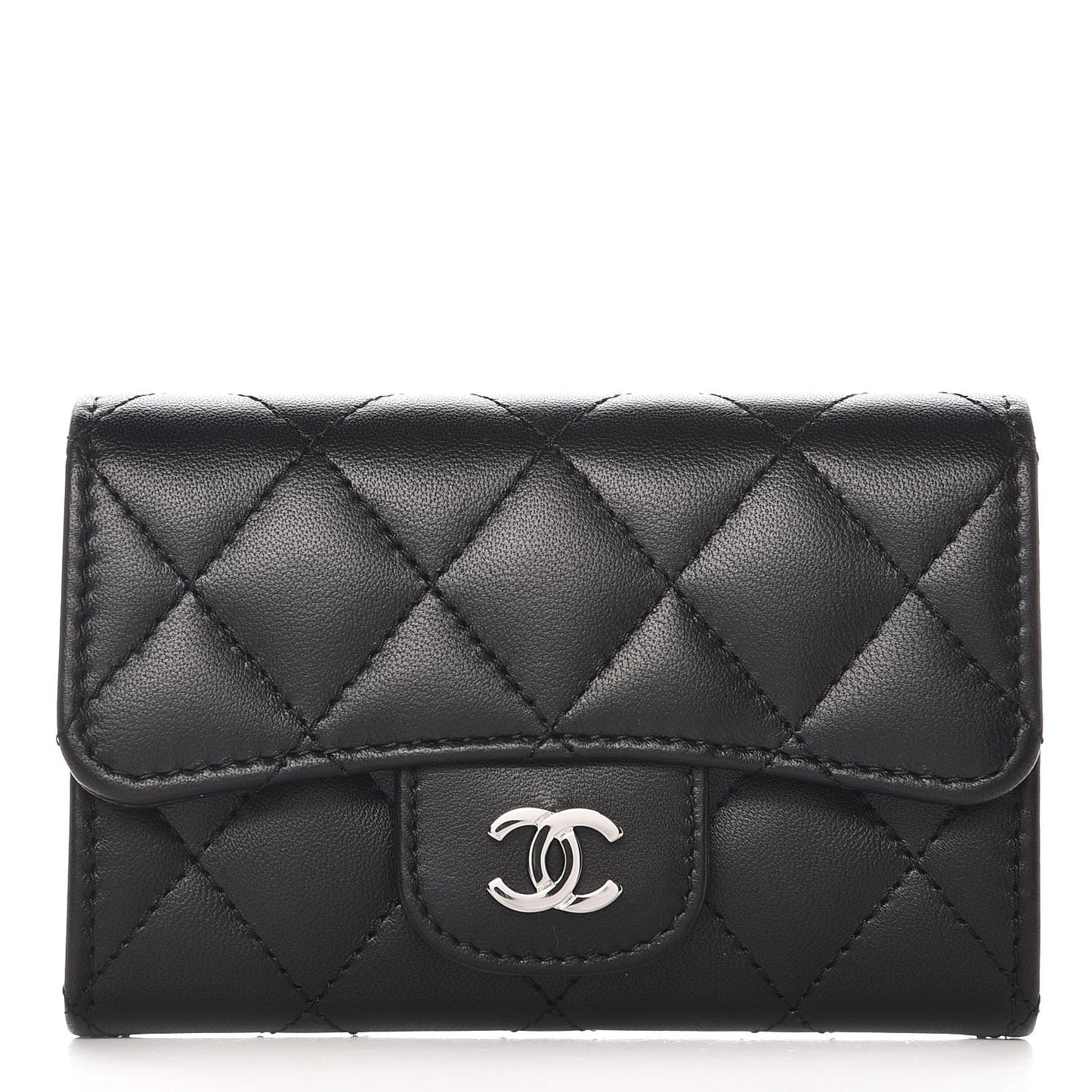 Lambskin Quilted Flap Card Holder Black
