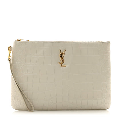 Saint Laurent Calfskin Crocodile Embossed Tablet Pouch Crema Soft 1 of 11