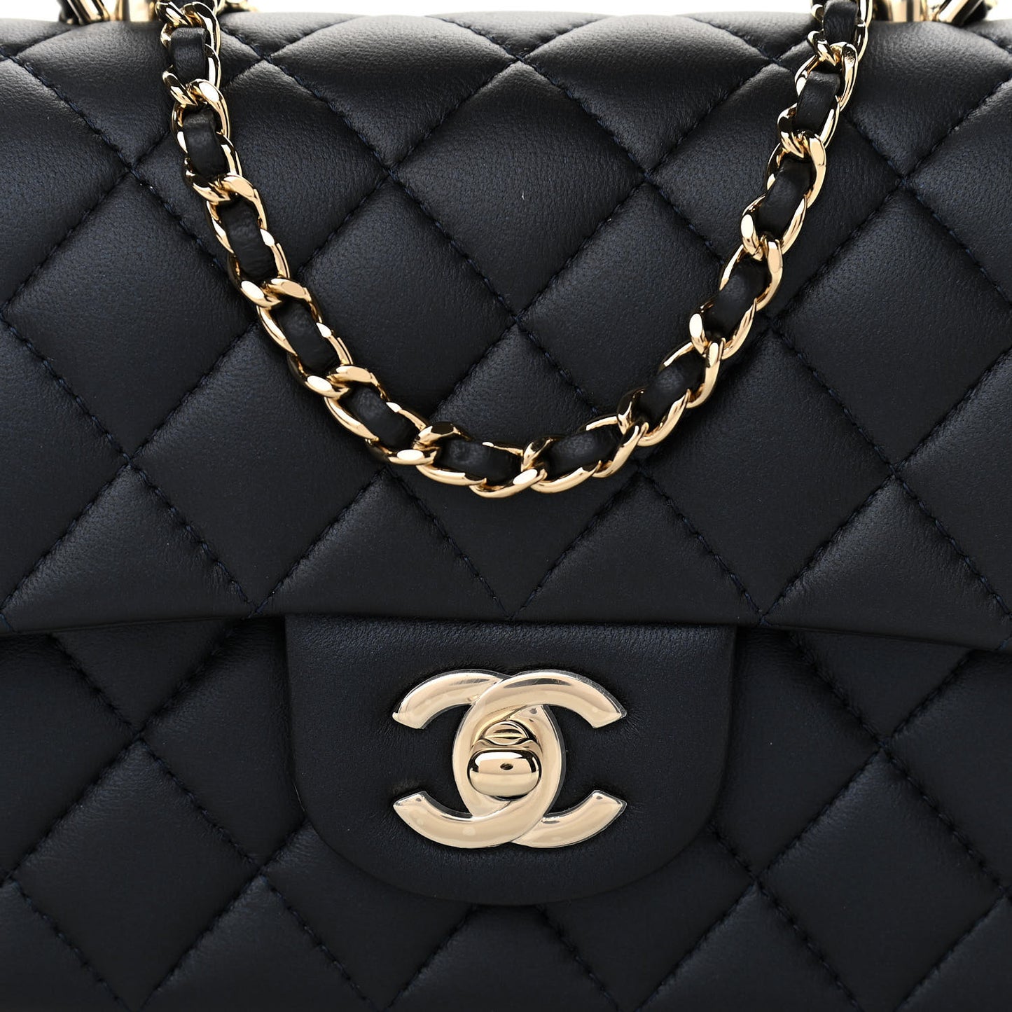 Lambskin Quilted Mini Top Handle Rectangular Flap Navy Blue