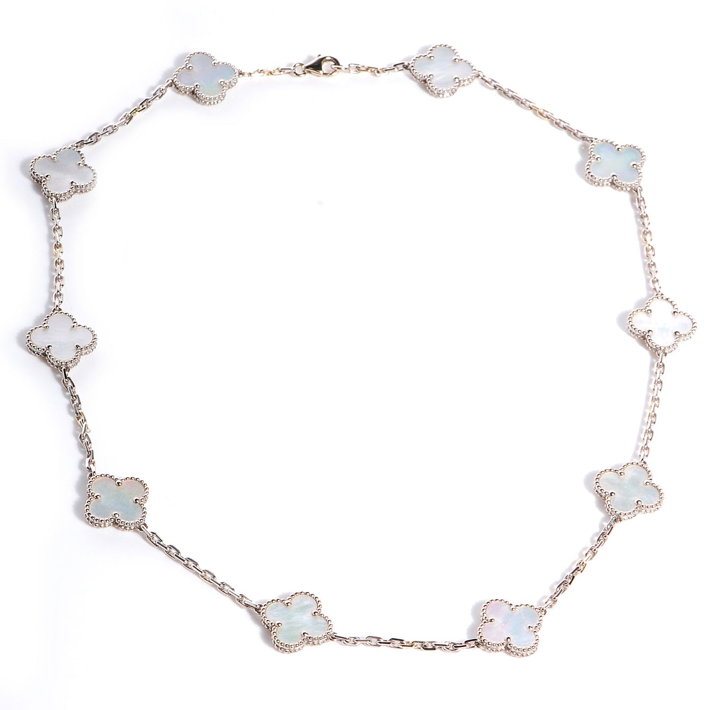 18K White Gold Mother of Pearl 10 Motifs Vintage Alhambra Necklace