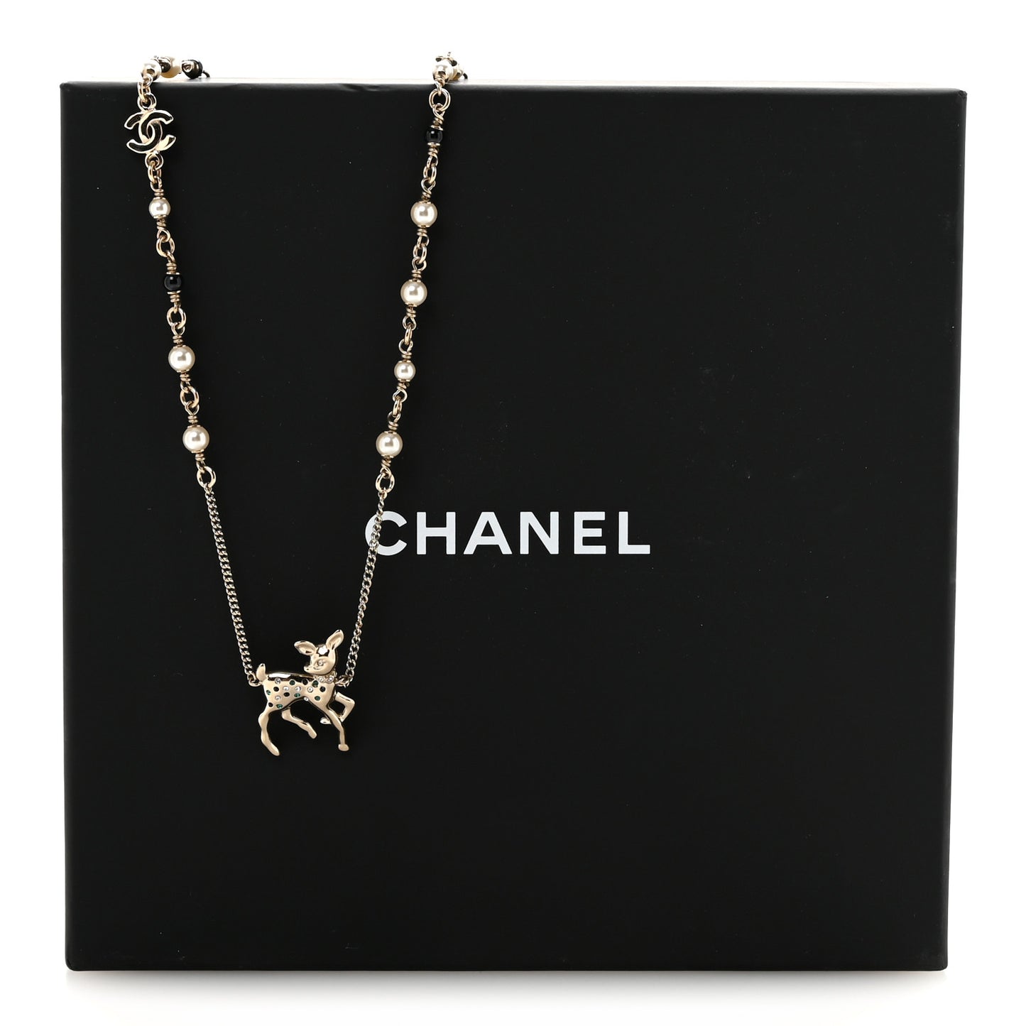 Pearl Crystal CC Deer Long Necklace Gold Green