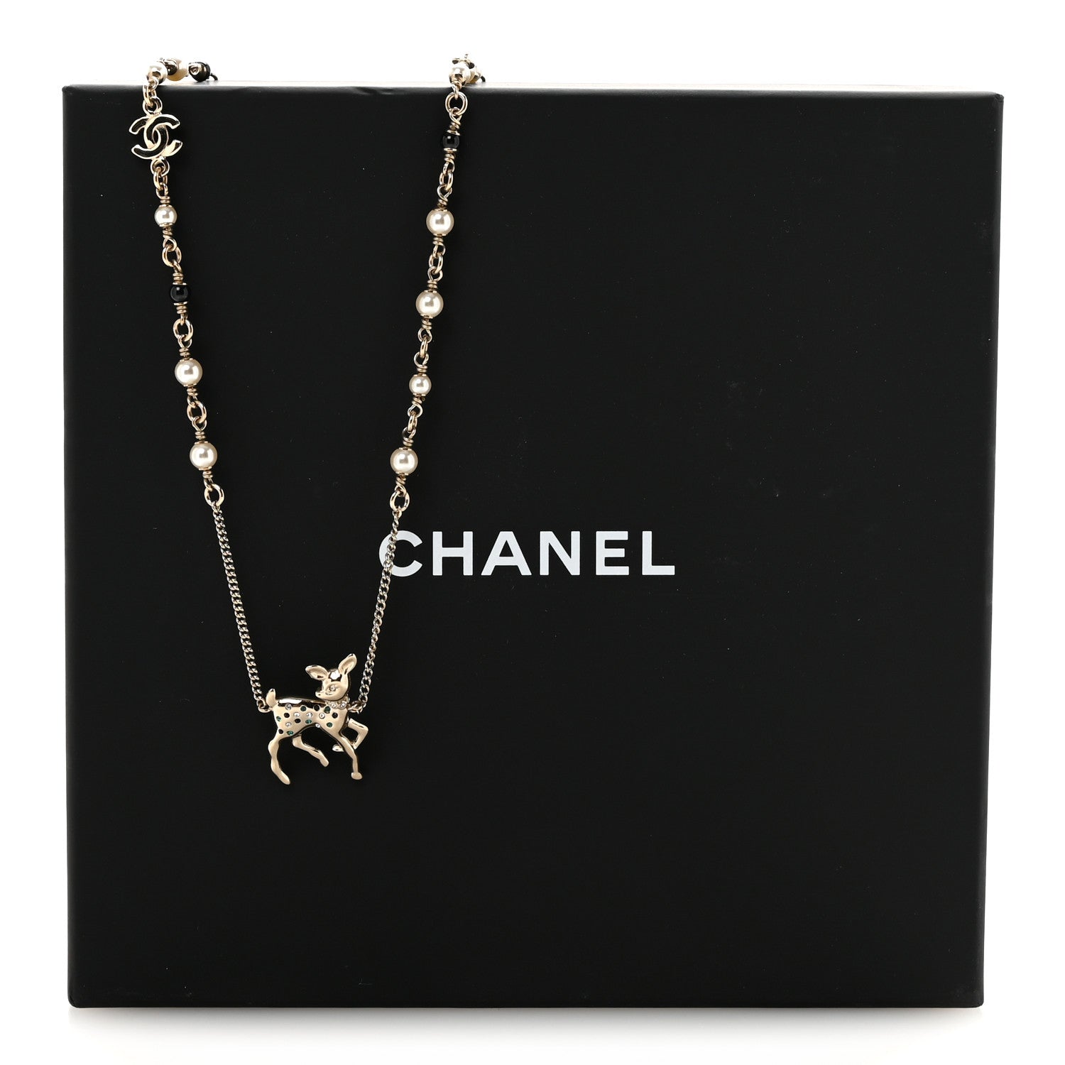 Chanel Pearl Crystal CC Deer Long Necklace Gold Green 7 of 7