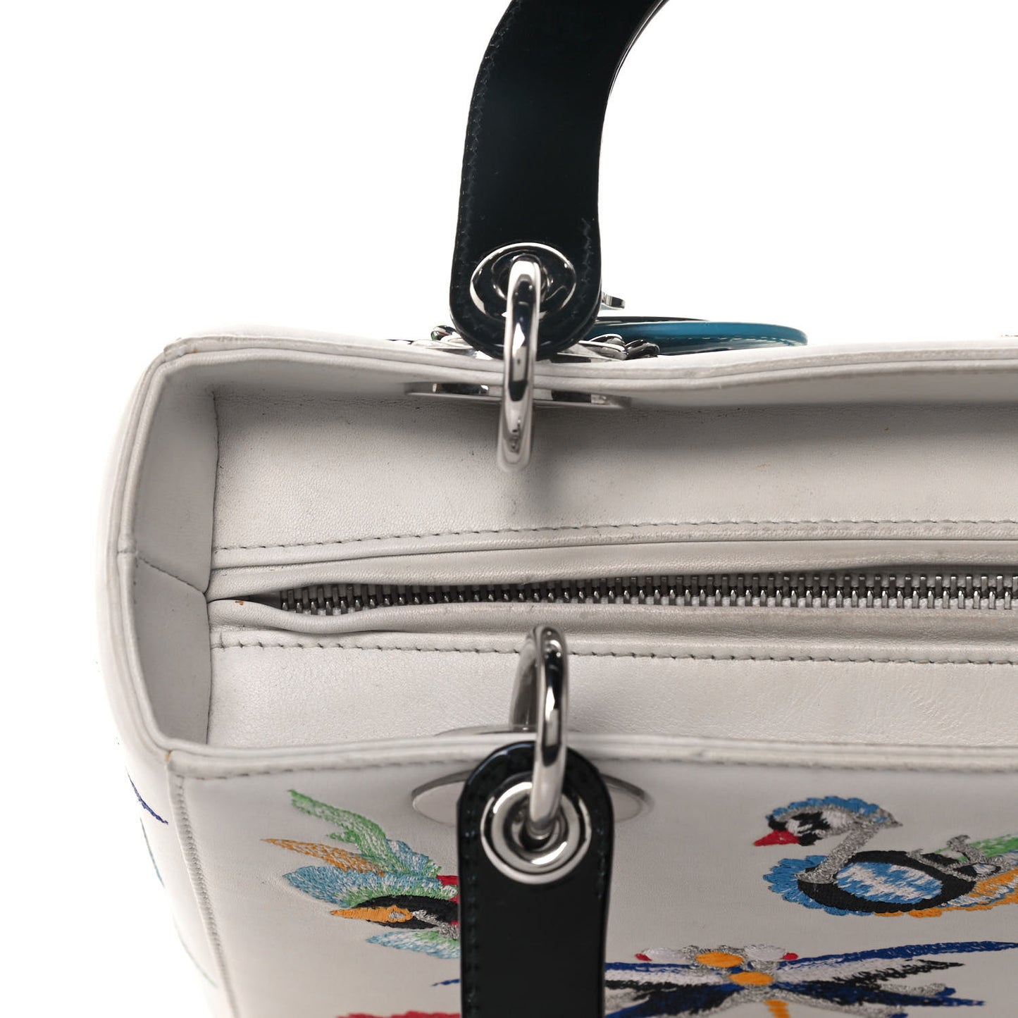 Smooth Calfskin Embroidered Medium Lady Dior White Multicolor