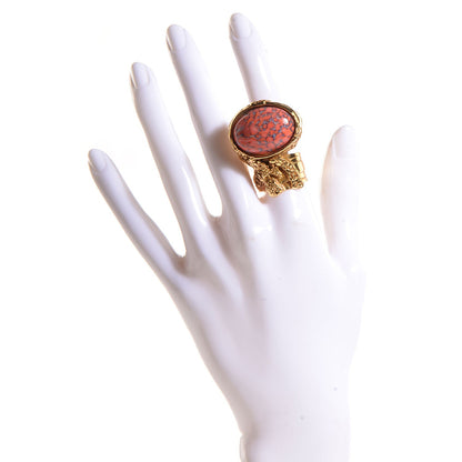 Saint Laurent Glass Cabochon Arty Ovale Ring 7 Gold Coral 2 of 5