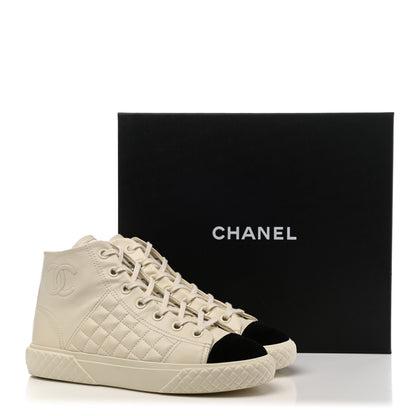Chanel Calfskin High Top CC Sneakers 37.5 Ivory Black 9 of 9