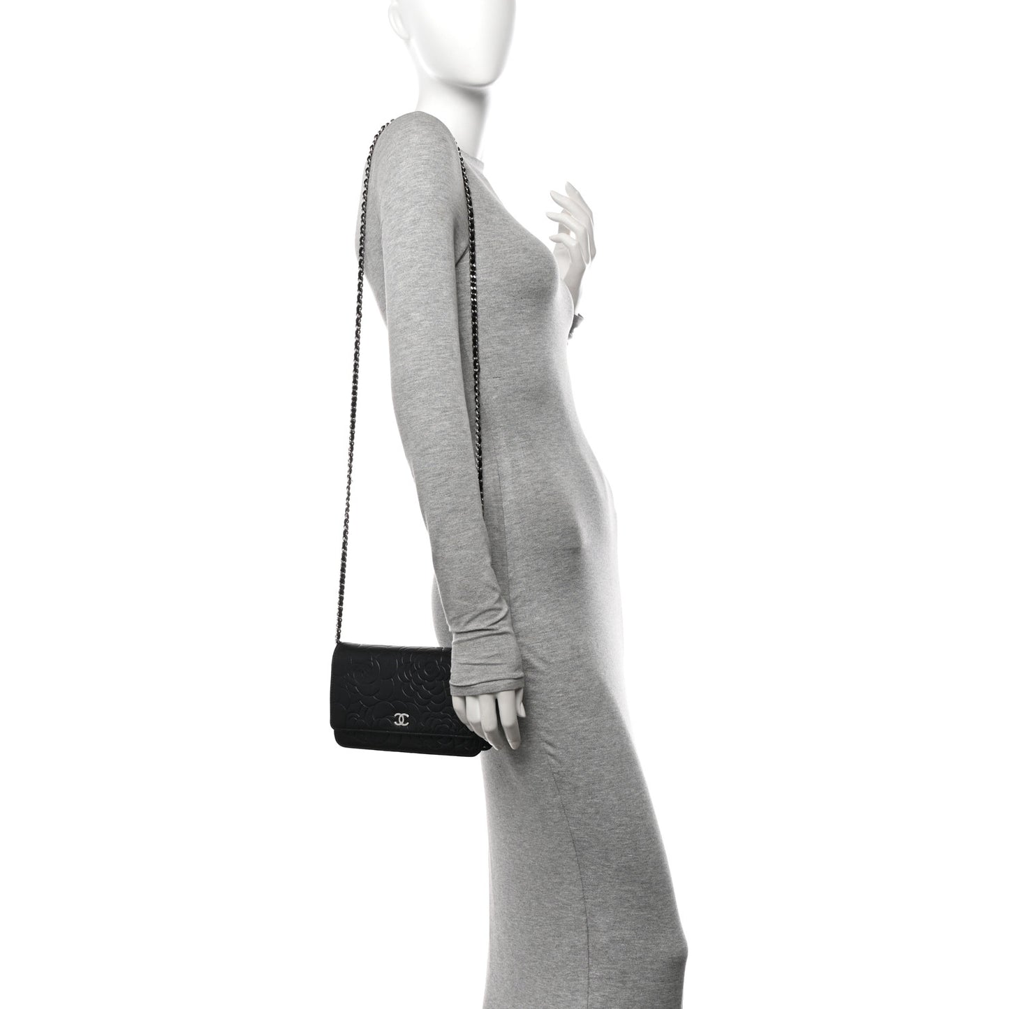 Lambskin Camellia Embossed Wallet on Chain WOC Black