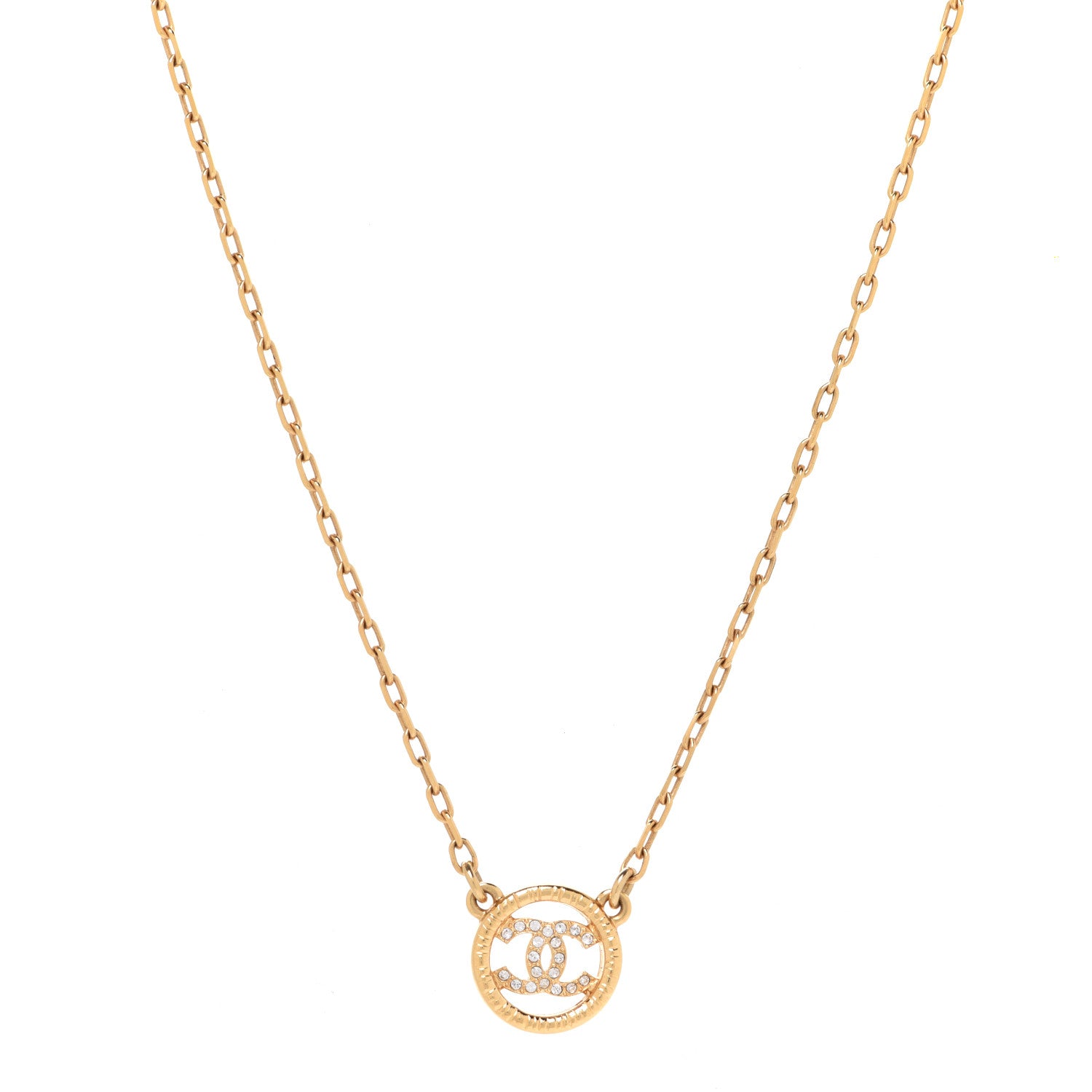 Chanel Crystal Metal CC Round Pendant Necklace Gold 1 of 6