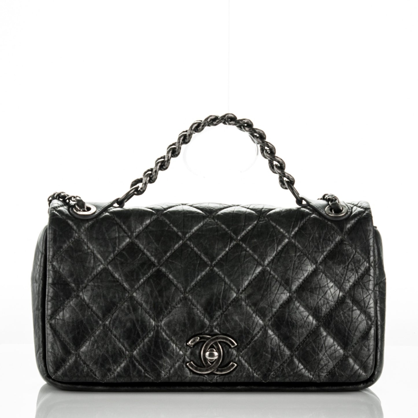 Metallic Aged Calfskin Quilted Medium Pondichery Flap Black