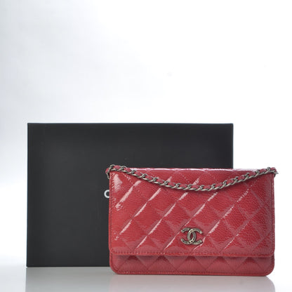 Chanel Distressed Patent Quilted Wallet On Chain WOC Dark Pink 9 of 9