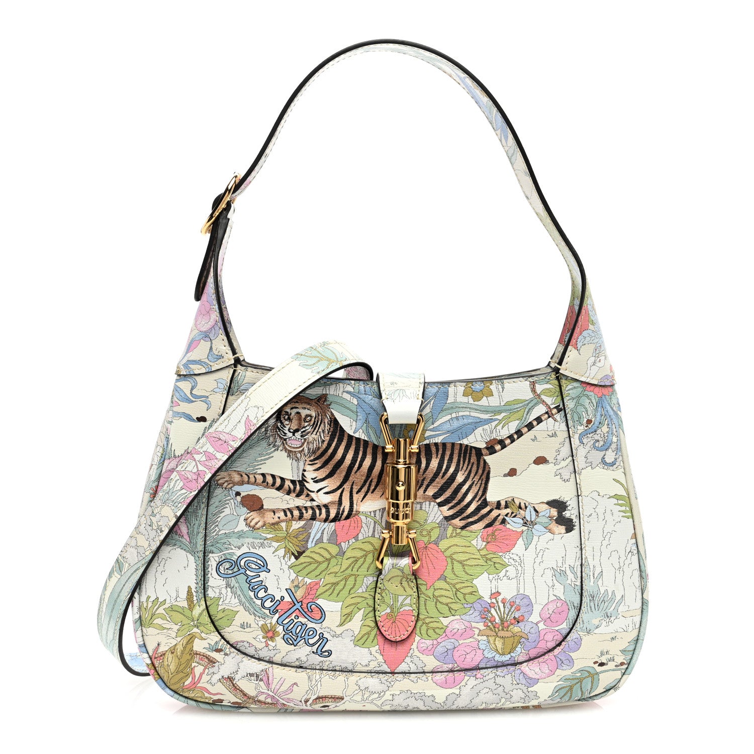 Gucci New Shangai Calfskin Tiger Savanah Small Jackie 1961 Hobo Chalky White Multicolor 1 of 9