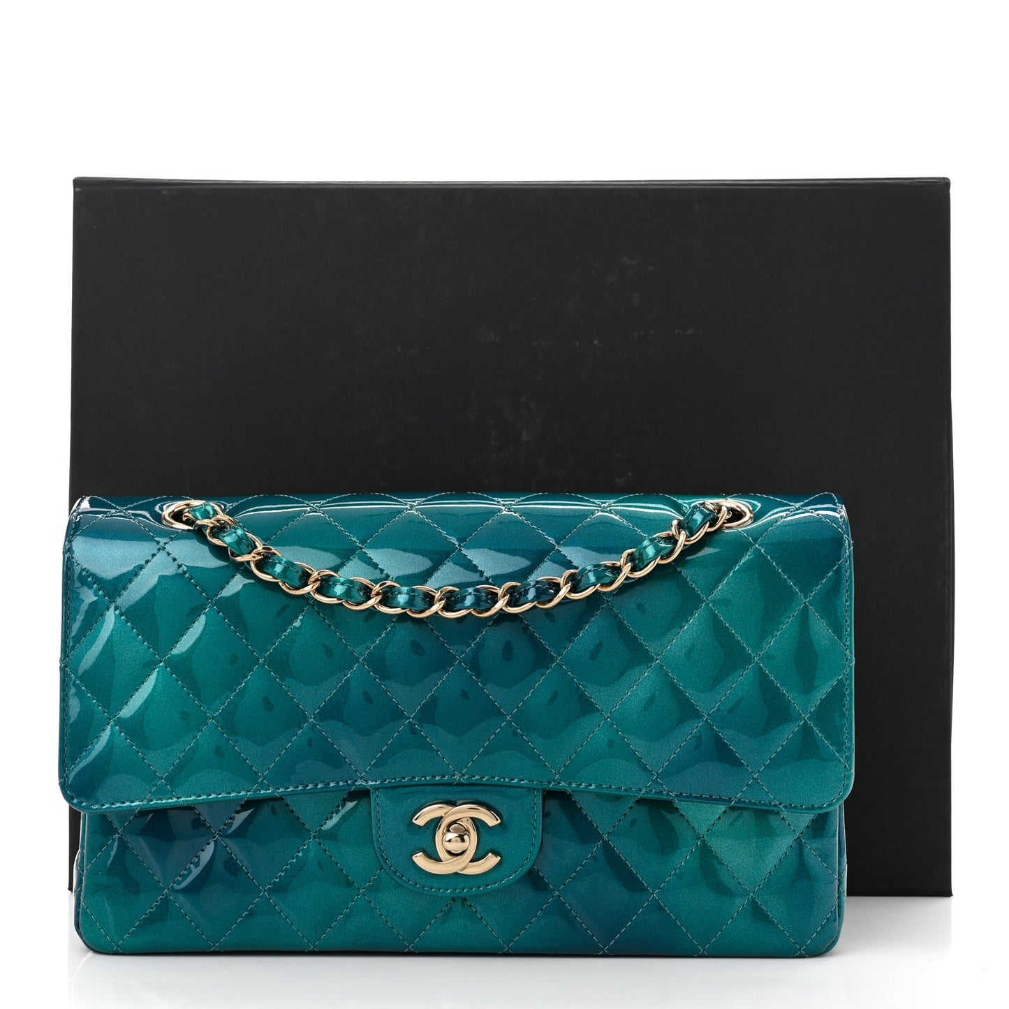 Shaded Patent Calfskin Quilted Medium Double Flap Green Blue