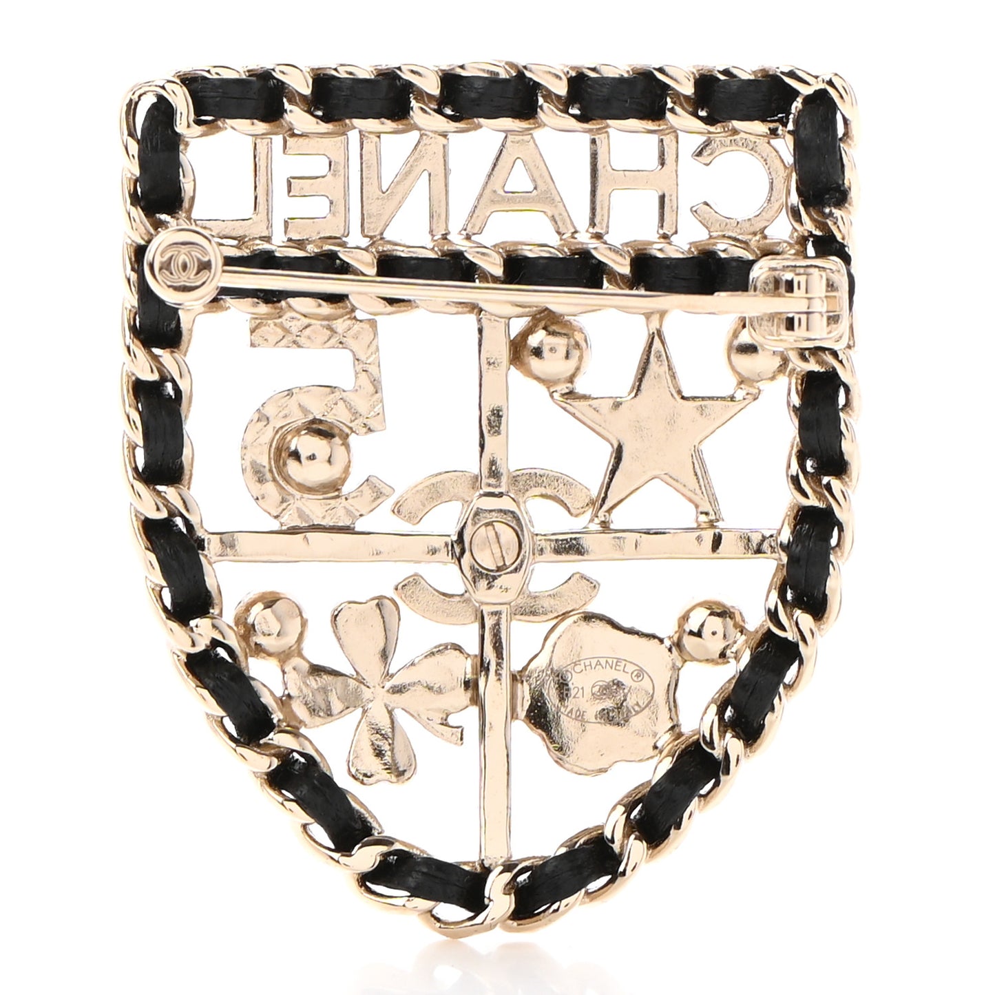 Lambskin Pearl Strass Sergeant Chanel Shield Brooch Gold