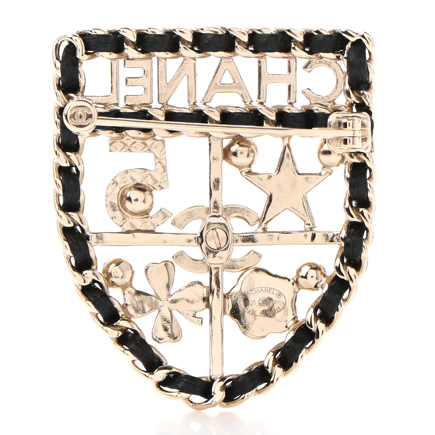 Chanel Lambskin Pearl Strass Sergeant Chanel Shield Brooch Gold 3 of 5