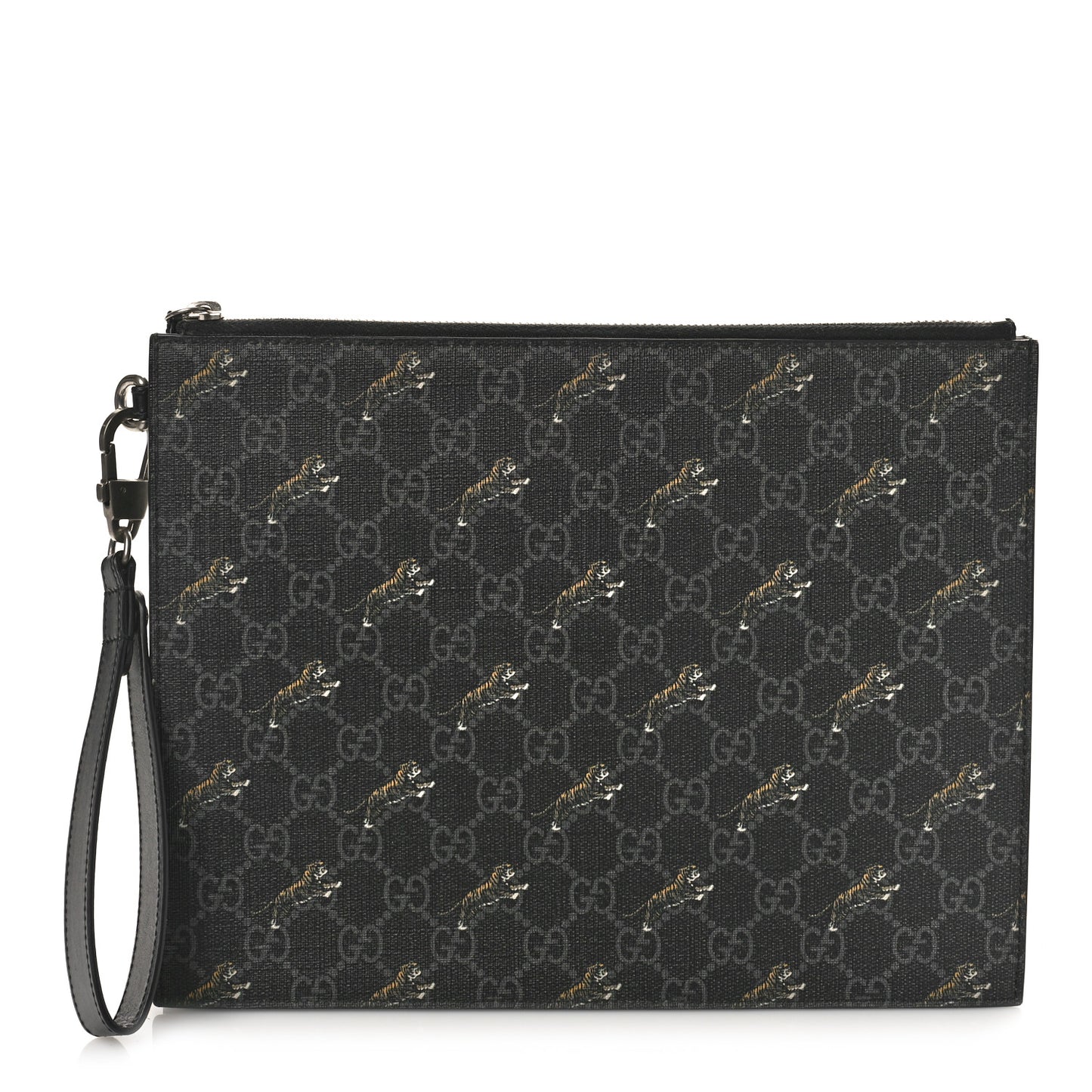 GG Supreme Monogram Tigers Zip Wristlet Pouch Black