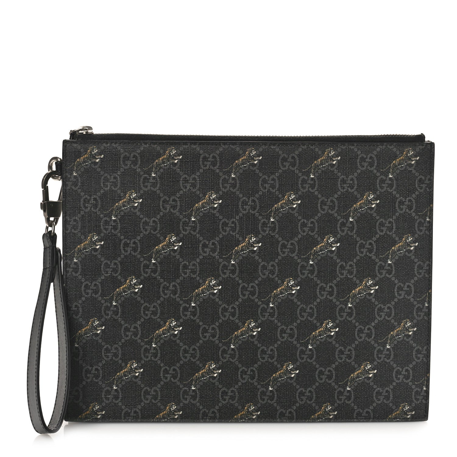 Gucci GG Supreme Monogram Tigers Zip Wristlet Pouch Black 1 of 7
