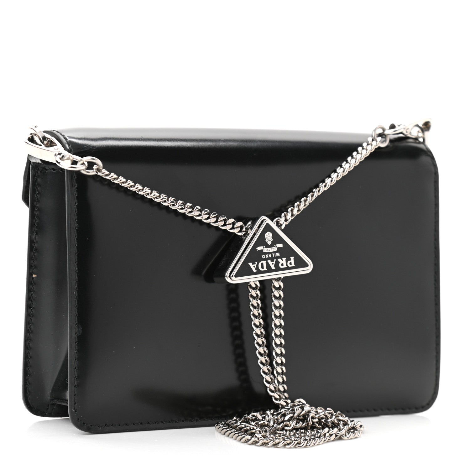 Prada Spazzolato Triangle Logo Plate Flap Chain Crossbody Bag Black 3 of 9