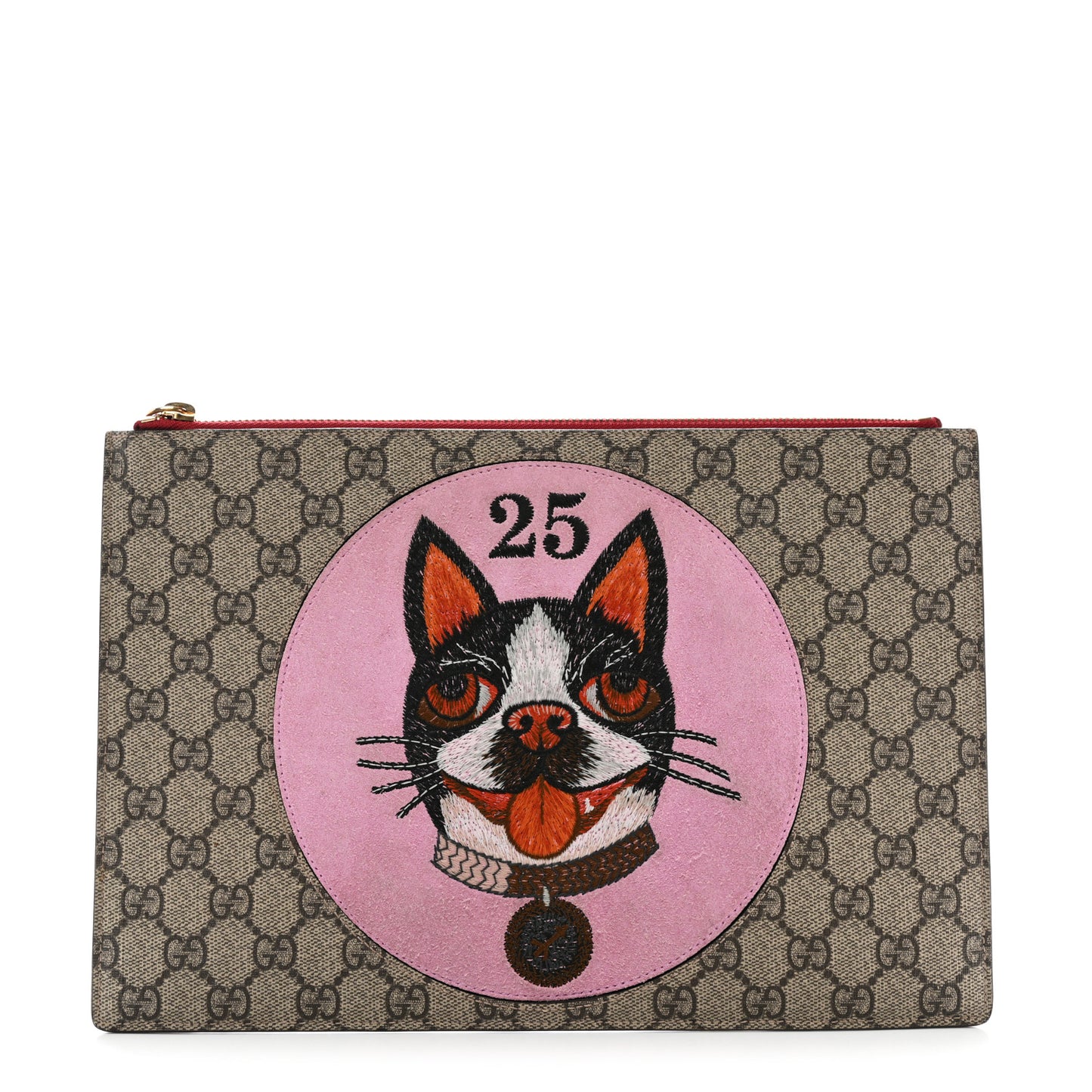 GG Supreme Monogram Bosco Patch Zip Pouch Beige Malva Hibiscus Red