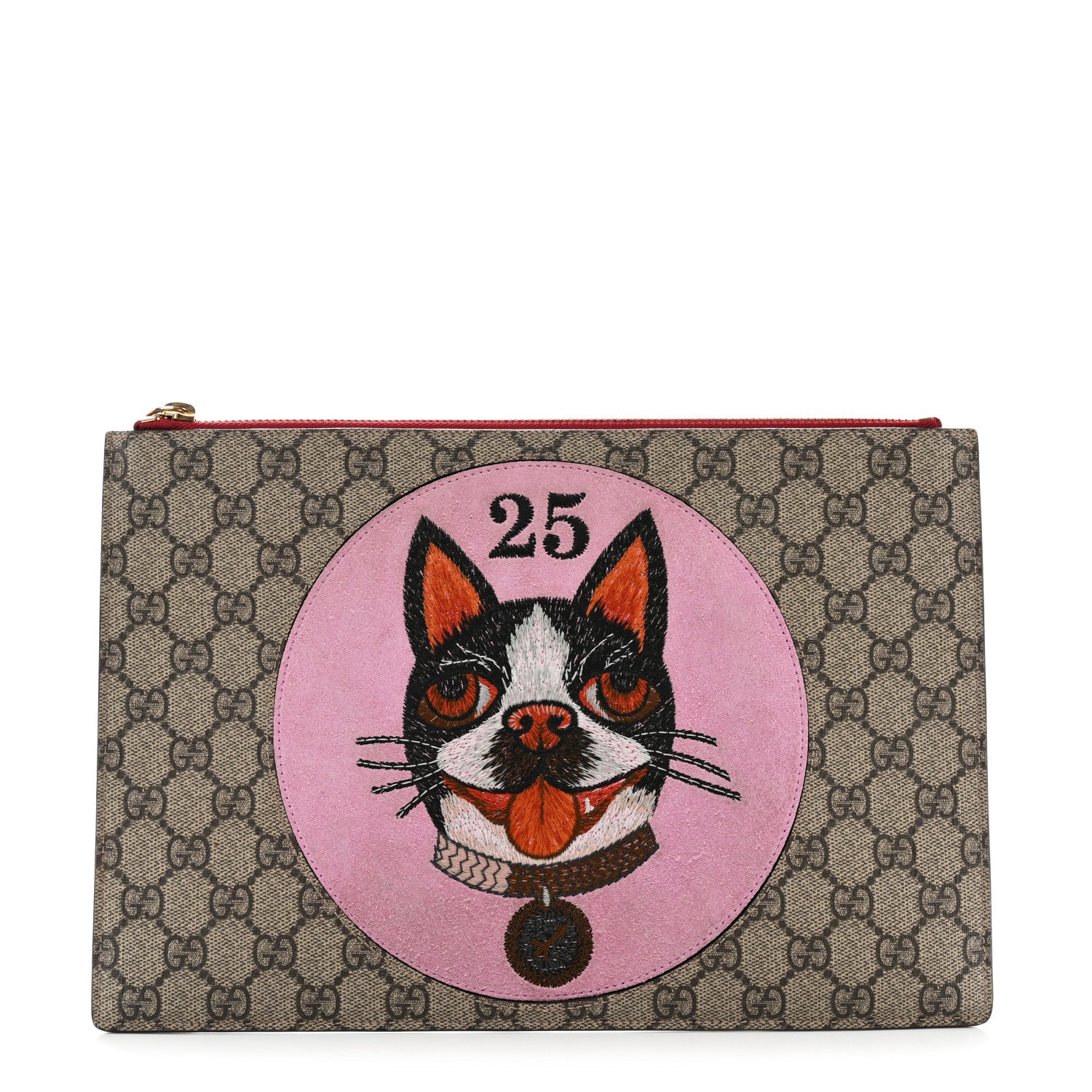 Gucci GG Supreme Monogram Bosco Patch Zip Pouch Beige Malva Hibiscus Red 1 of 9