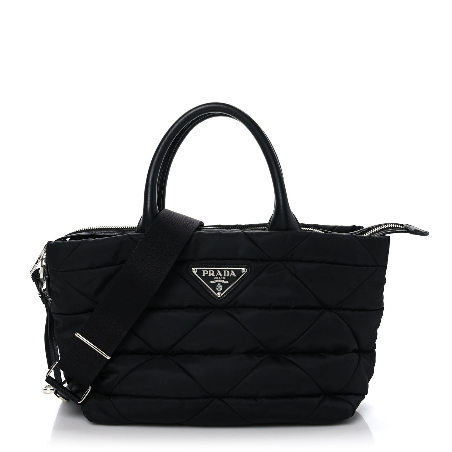 Re-Nylon Nappa Triangle Quilted Padded Small Double Handled Zip Tote Black