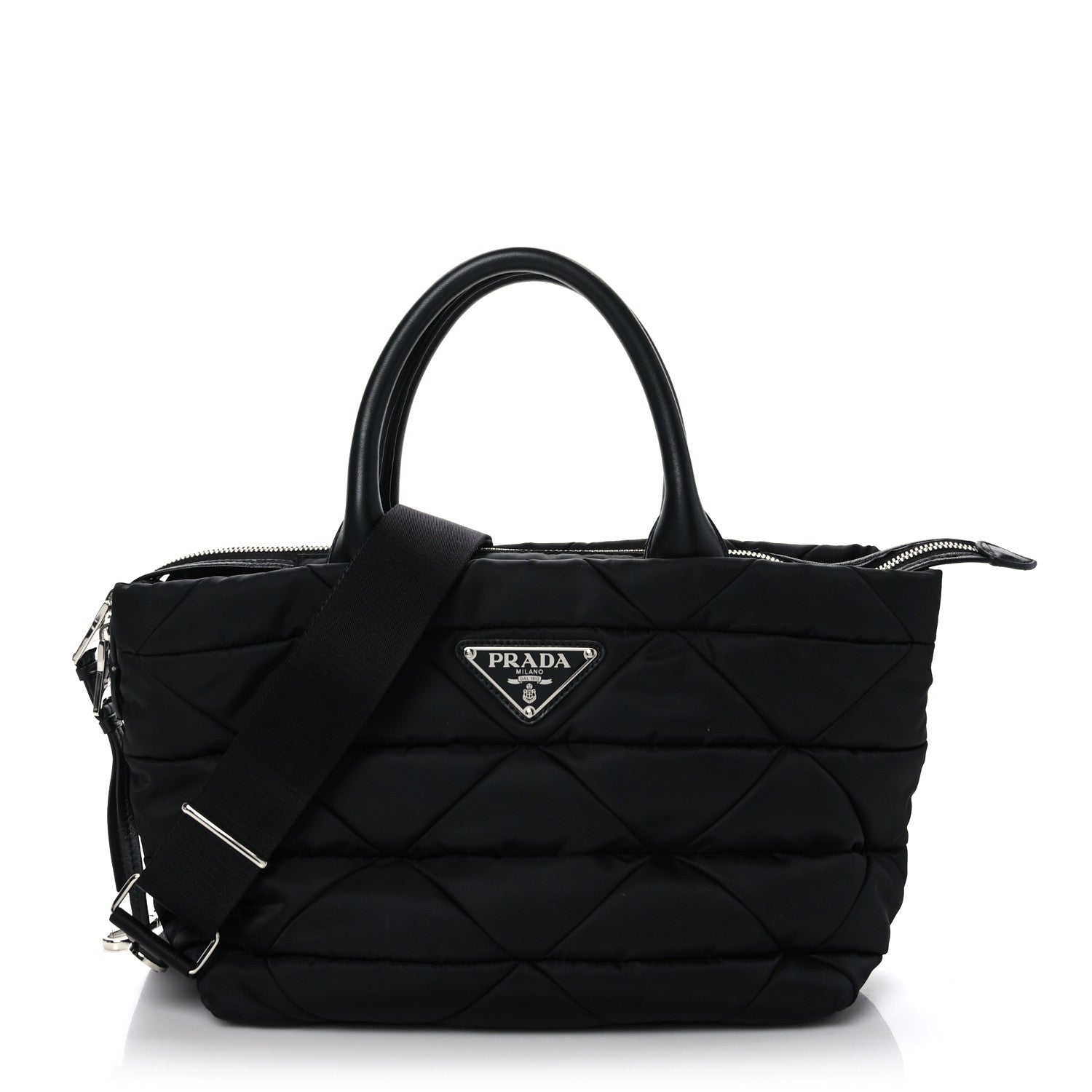 Prada Re-Nylon Nappa Triangle Quilted Padded Small Double Handled Zip Tote Black 1 of 8