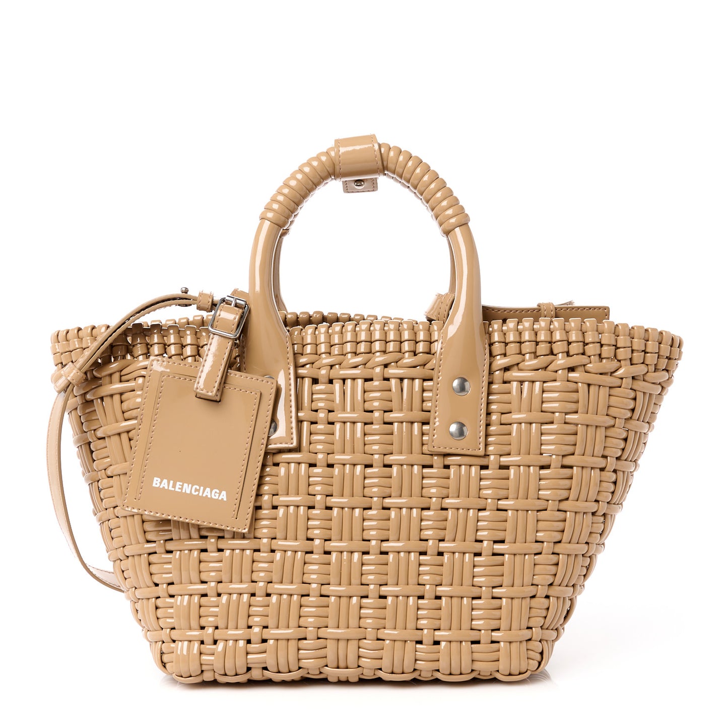 Varnished Faux Calfskin Braided XS Bistro Basket Beige