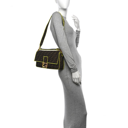Fendi Fabric Jacquard FF 1974 Large Baguette Tobacco Moro Giallo Fluo 2 of 10