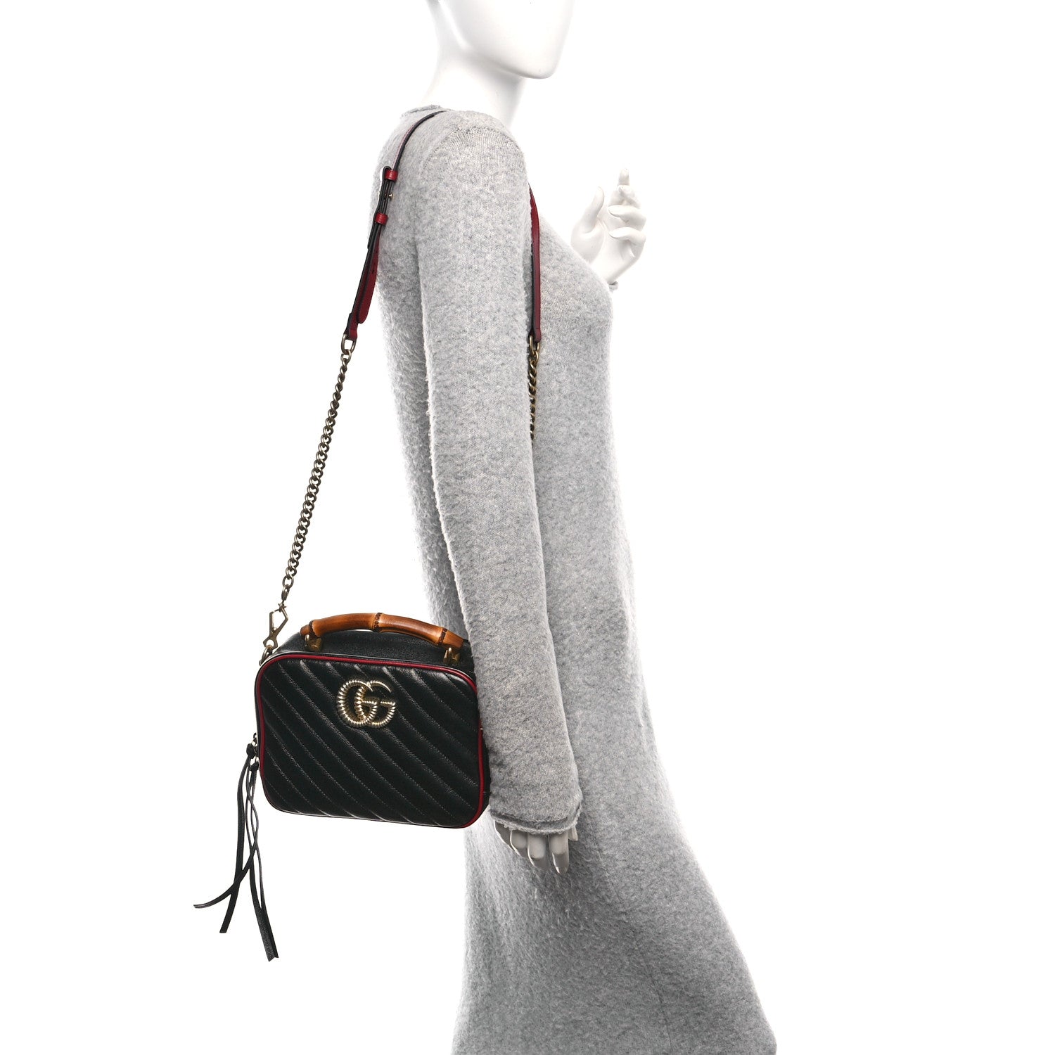 Gucci Vintage Effect Calfskin Matelasse Diagonal Small Torchon GG Marmont Bamboo Top Handle Shoulder Bag Black Romantic Cherry 2 of 10