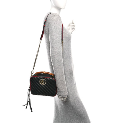 Gucci Vintage Effect Calfskin Matelasse Diagonal Small Torchon GG Marmont Bamboo Top Handle Shoulder Bag Black Romantic Cherry 2 of 10