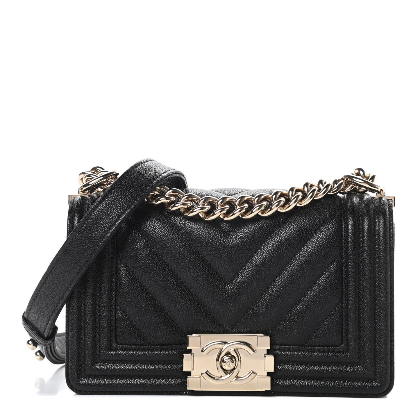 Caviar Chevron Quilted Small Boy Flap Black