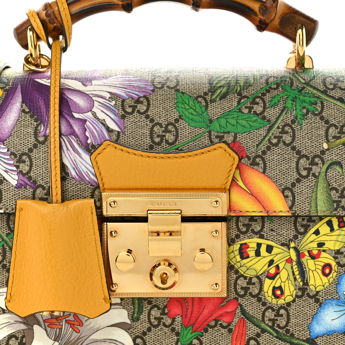 GG Supreme Monogram Flora Small Padlock Bamboo Shoulder Bag Beige Multicolor Crop