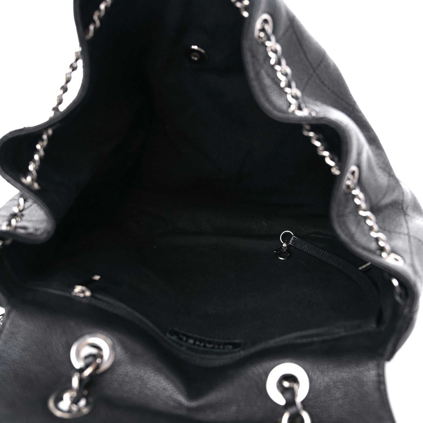 Grained Calfskin Stitched Flap Drawstring Backpack Black