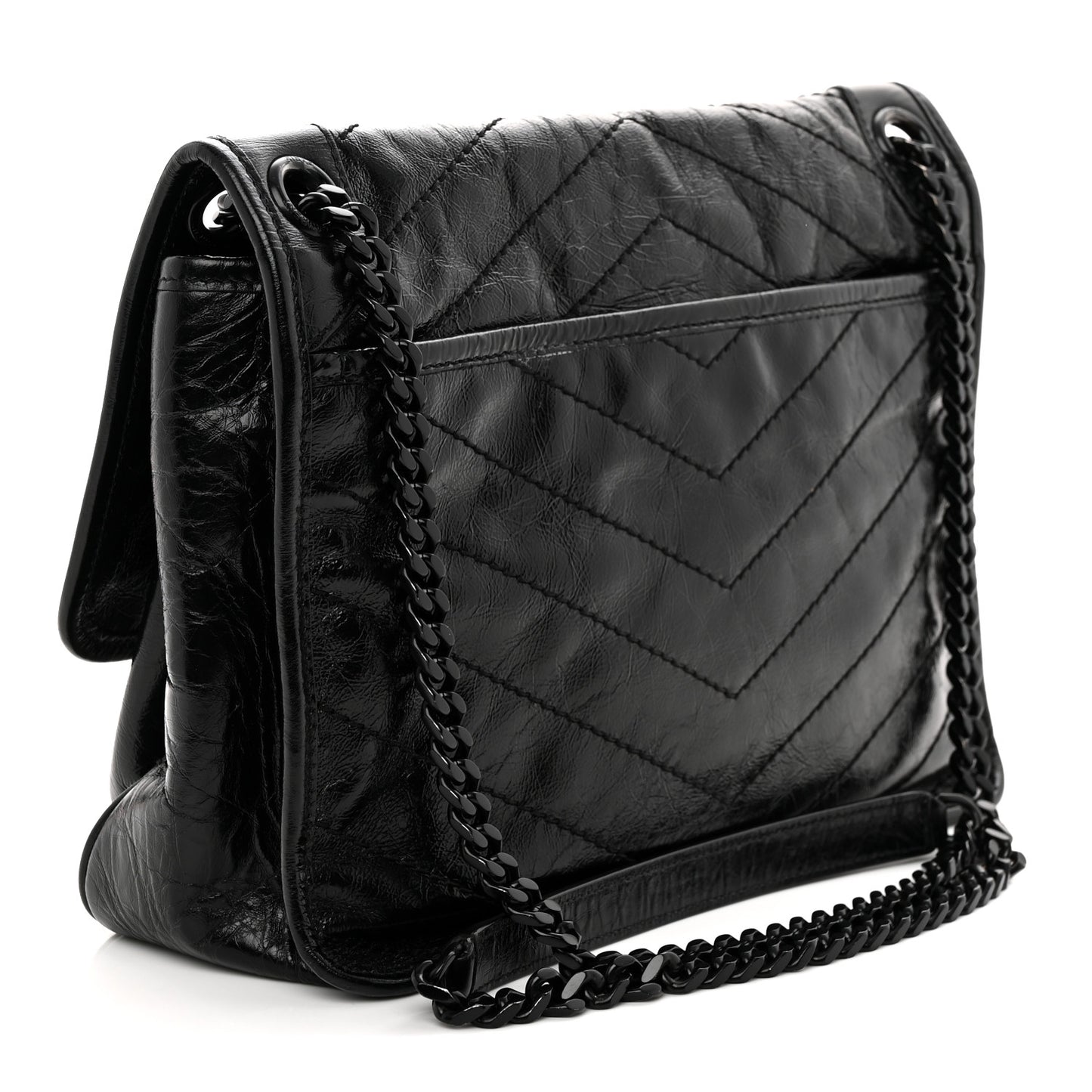 Crinkled Calfskin Matelasse Monogram Medium Niki Chain Satchel Black