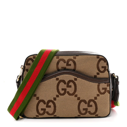 Gucci Monogram Jumbo GG Textured Dollar Calfskin Web Messenger Shoulder Bag Camel Ebony New Acero 1 of 13