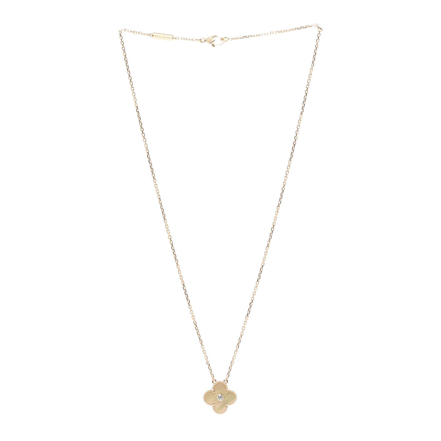 18K Yellow Gold Diamond Yellow Mother of Pearl Vintage Alhambra Pendant Necklace