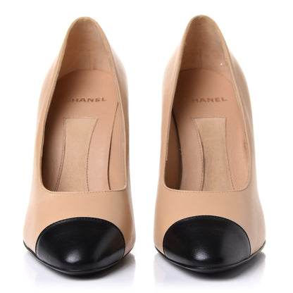 Chanel Lambskin Cap Toe Pearl Pumps 37.5 Beige Black 2 of 10