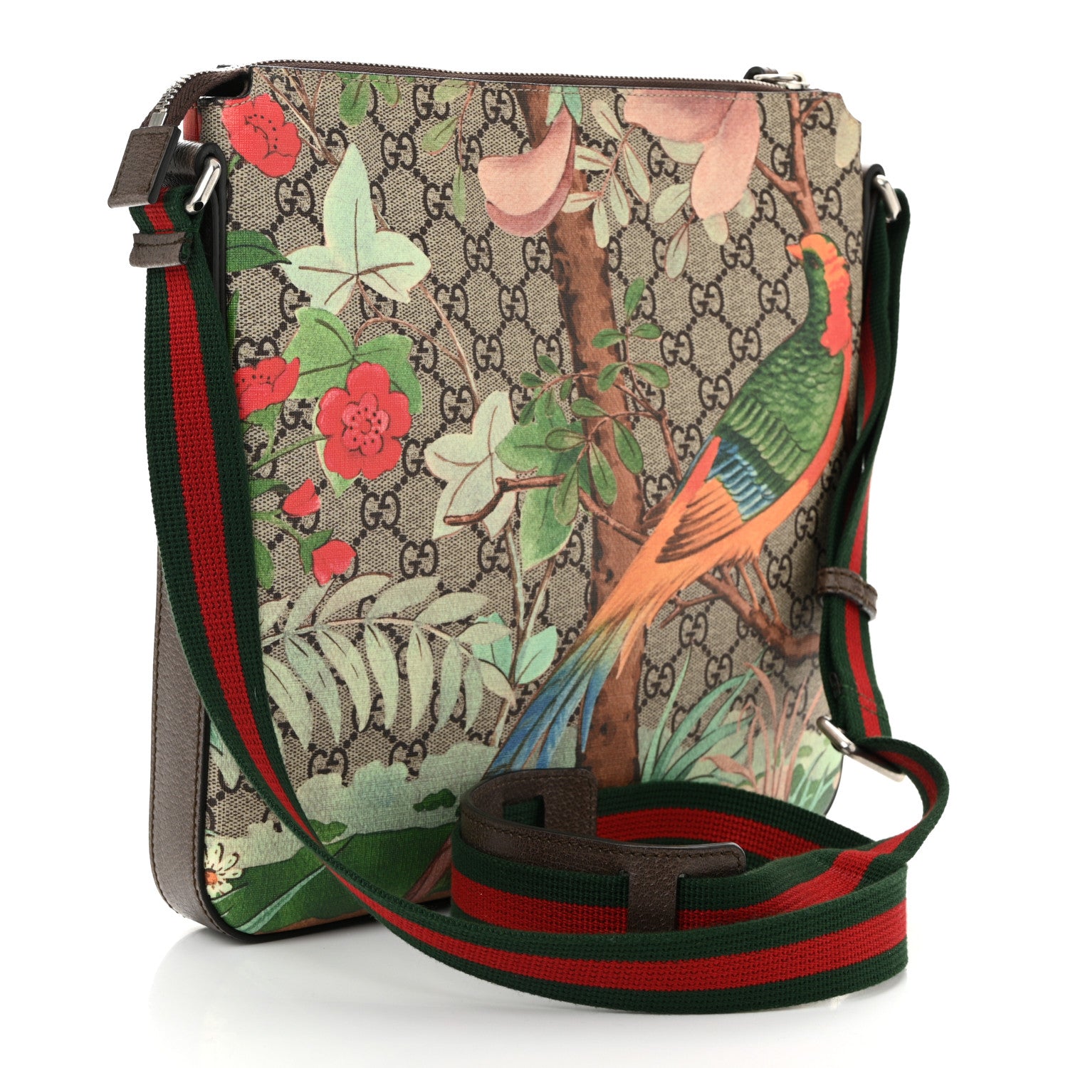 Gucci GG Supreme Monogram Tian Web Medium Flat Messenger Beige Multicolor New Acero 3 of 10
