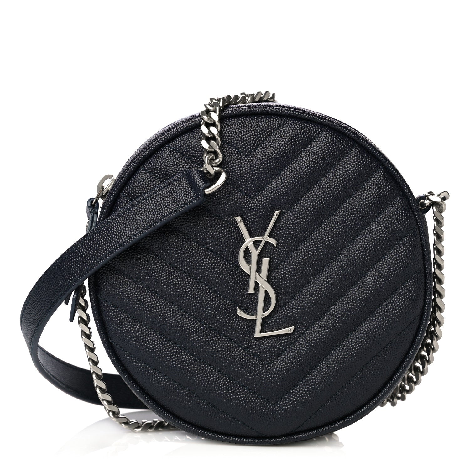 Saint Laurent Grain De Poudre Matelasse Chevron Quilted Round Vinyle Camera Bag Deep Marine 2 of 8