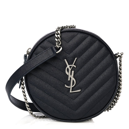 Saint Laurent Grain De Poudre Matelasse Chevron Quilted Round Vinyle Camera Bag Deep Marine 2 of 8