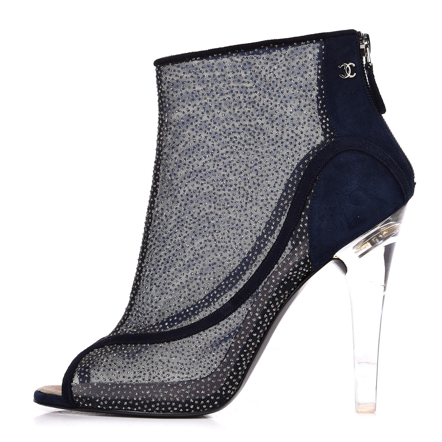 Chanel Mesh Crystal Open Toe Ankle Boots 41 Navy 1 of 9