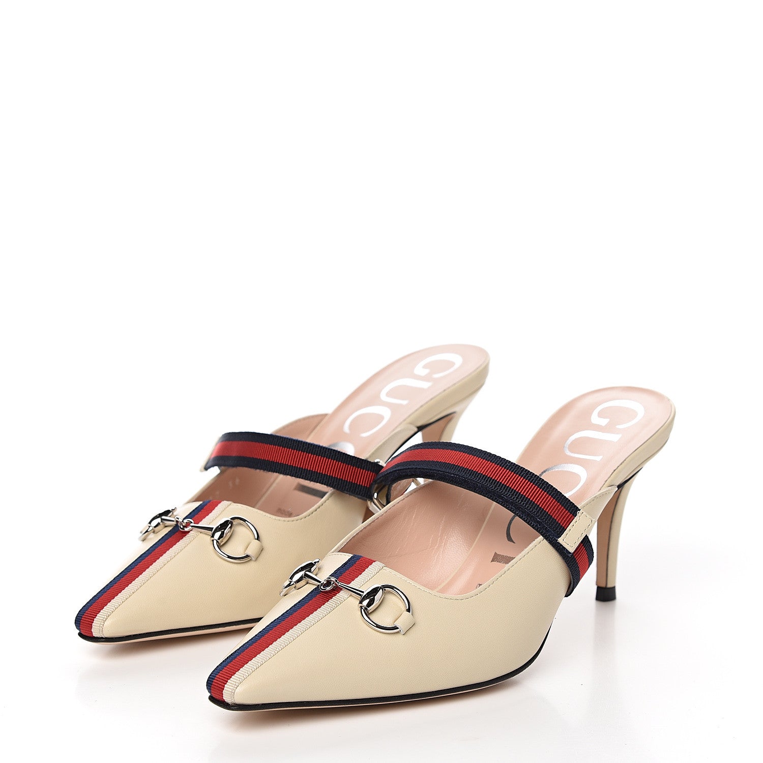 Gucci Malaga Kid Sylvie Web Cross Strap Mid-Heel Slides 36 Vintage White 3 of 10
