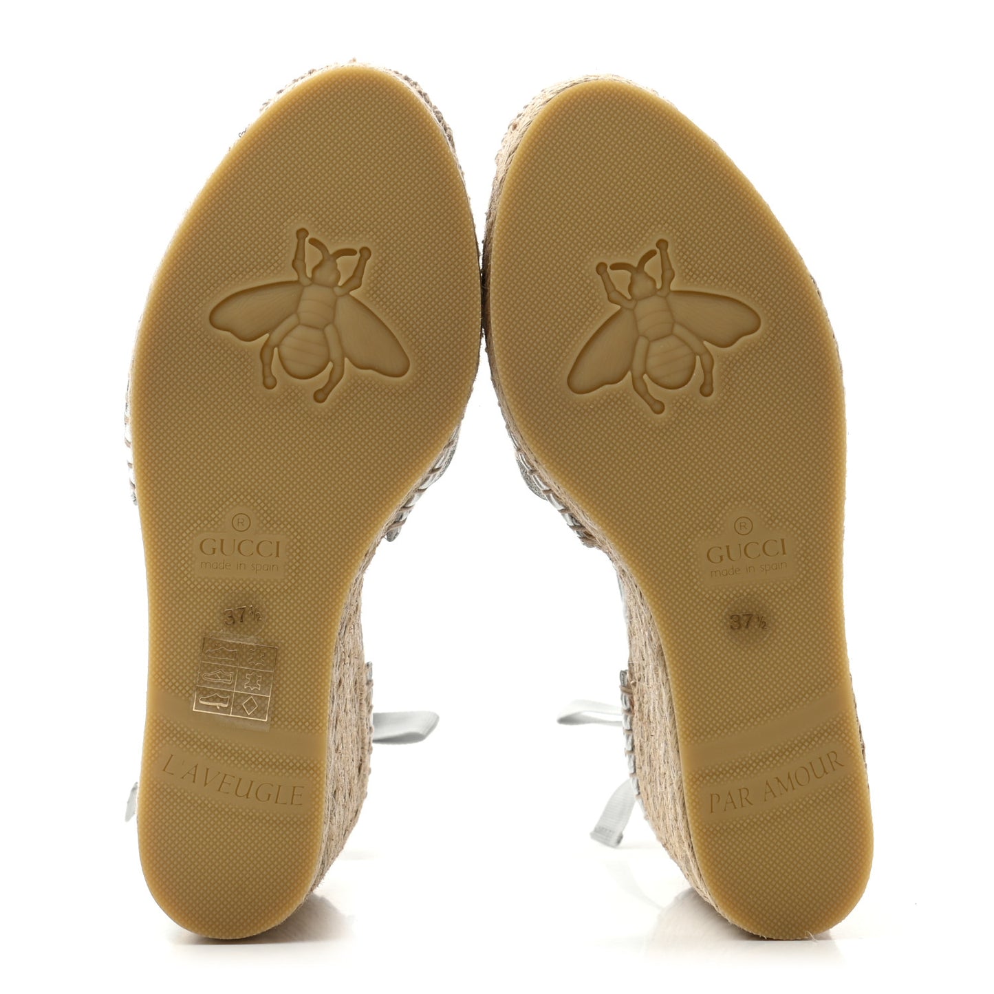 Lame GG Monogram Ankle Wrap Platform Espadrille Wedges 37.5 Silver Beige Light Grey
