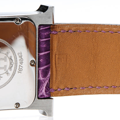 Hermes Stainless Steel Alligator Diamond Bezel 26mm Heure H Hour Quartz Watch Amethyst 8 of 11