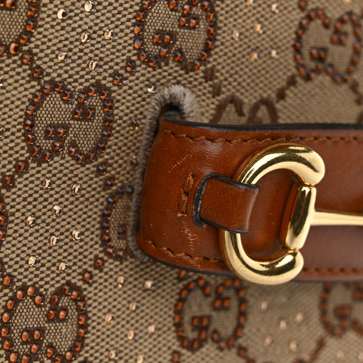 Gucci New Canvas Charisma Calfskin Crystal GG Monogram Mini Horsebit 1955 Shoulder Bag Camel Ebony 11 of 12
