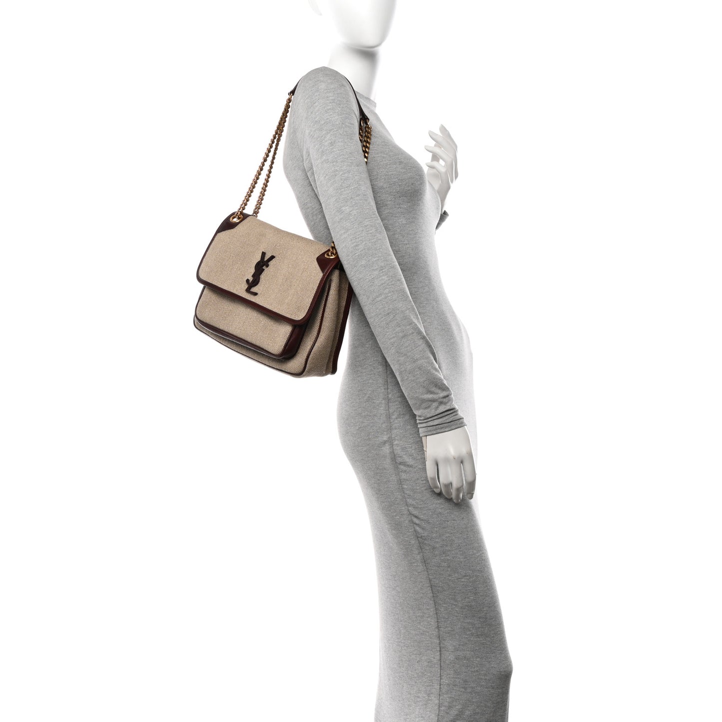 Cotton Canvas Vintage Calfskin Monogram Medium Niki Chain Satchel Natural Chocolate