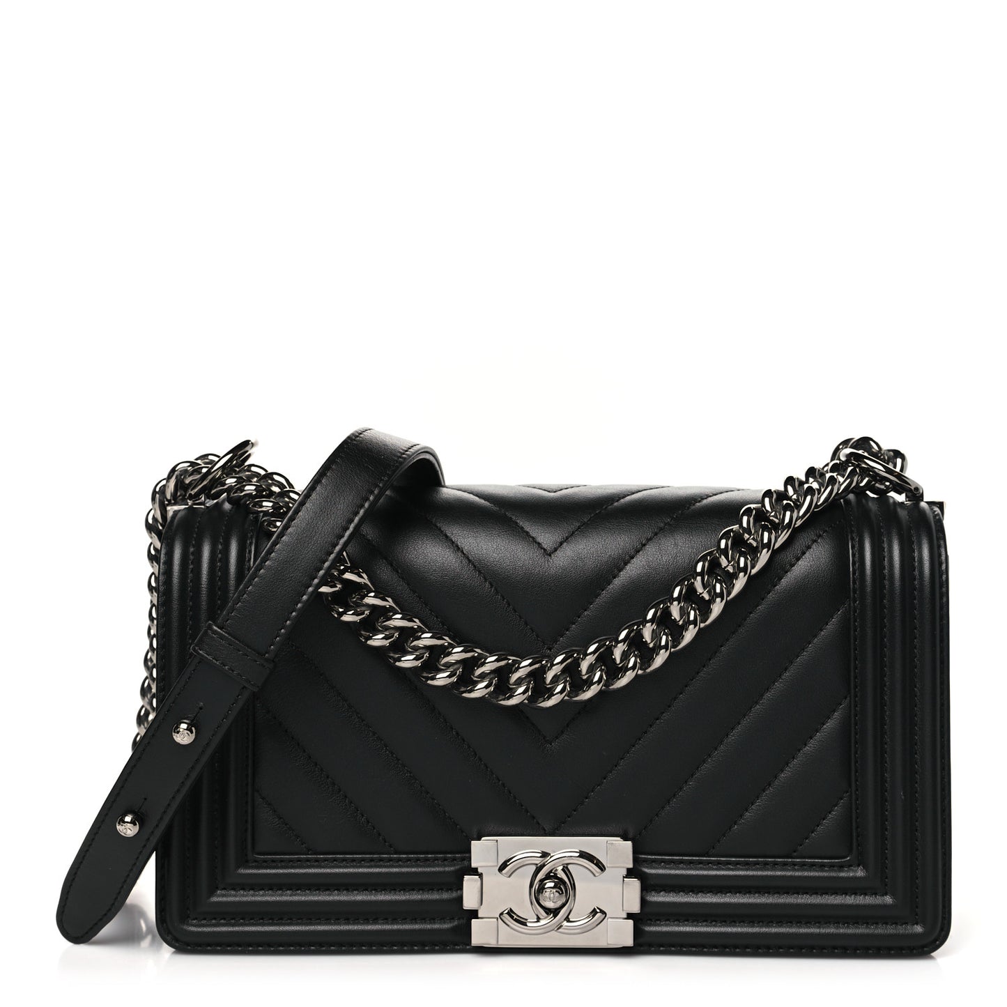 Calfskin Chevron Quilted Medium Boy Flap Black