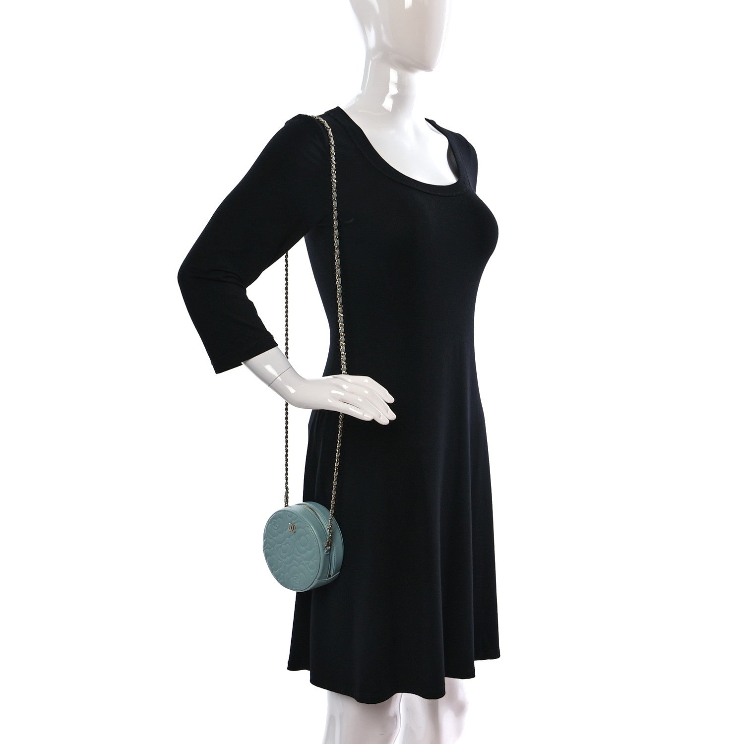 Chanel Caviar Camellia Embossed Round Clutch With Chain Light Blue 2 of 12
