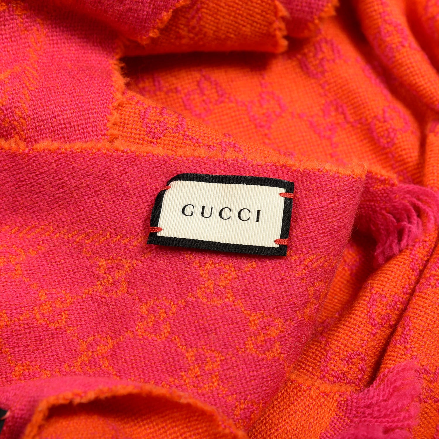 Gucci Wool GG Monogram Reversible New Sten Fringe Scarf Orange Pink 4 of 5